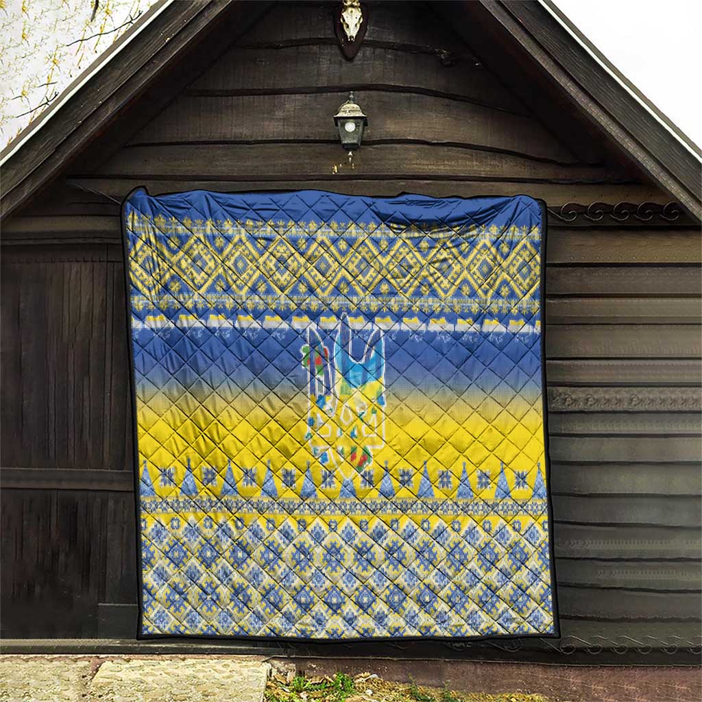 Ukraine Merry Christmas Quilt Ukraine Emblem and Vyshyvanka Knitted Effect - Wonder Print Shop