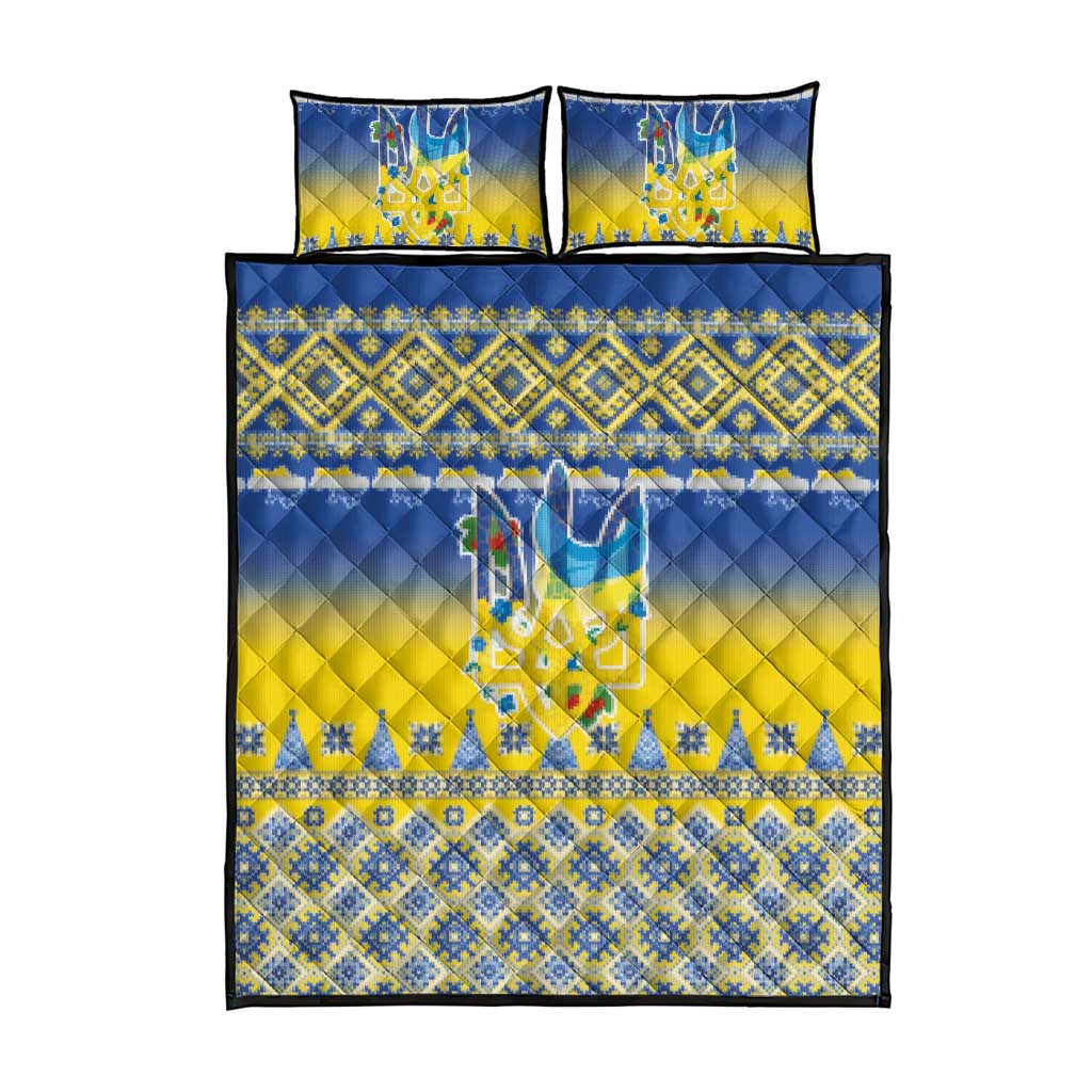 Ukraine Merry Christmas Quilt Bed Set Ukraine Emblem and Vyshyvanka Knitted Effect - Wonder Print Shop