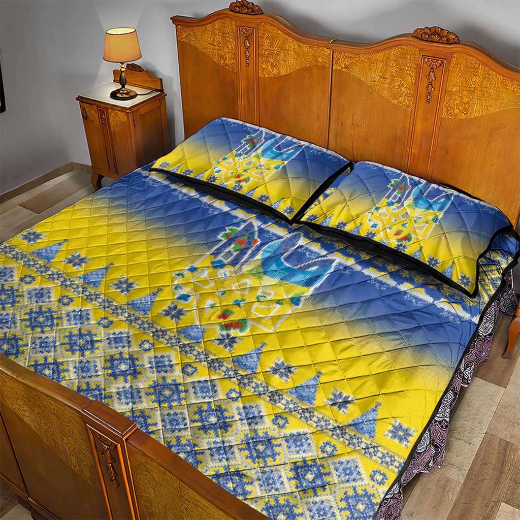 Ukraine Merry Christmas Quilt Bed Set Ukraine Emblem and Vyshyvanka Knitted Effect - Wonder Print Shop
