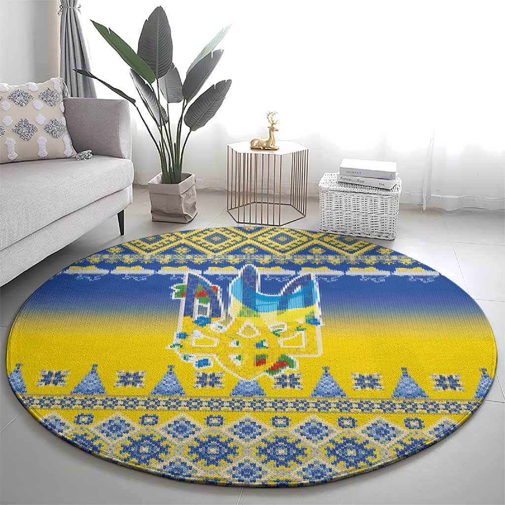 Ukraine Merry Christmas Round Carpet Ukraine Emblem and Vyshyvanka Knitted Effect - Wonder Print Shop