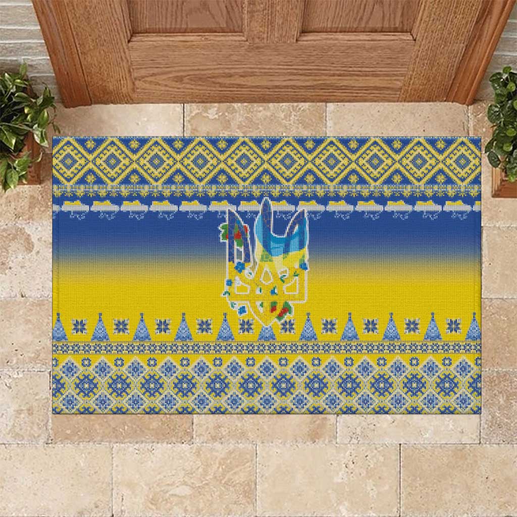 Ukraine Merry Christmas Rubber Doormat Ukraine Emblem and Vyshyvanka Knitted Effect - Wonder Print Shop