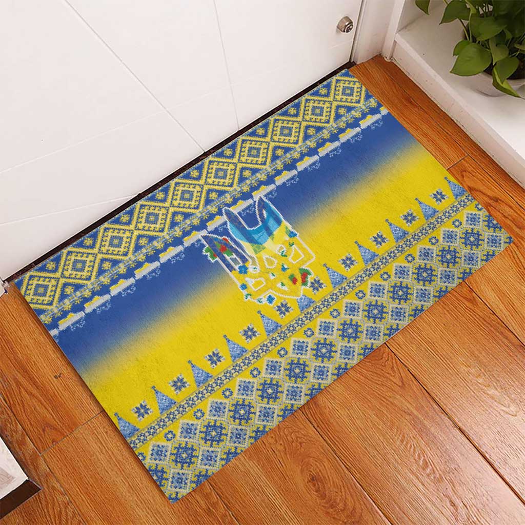 Ukraine Merry Christmas Rubber Doormat Ukraine Emblem and Vyshyvanka Knitted Effect - Wonder Print Shop