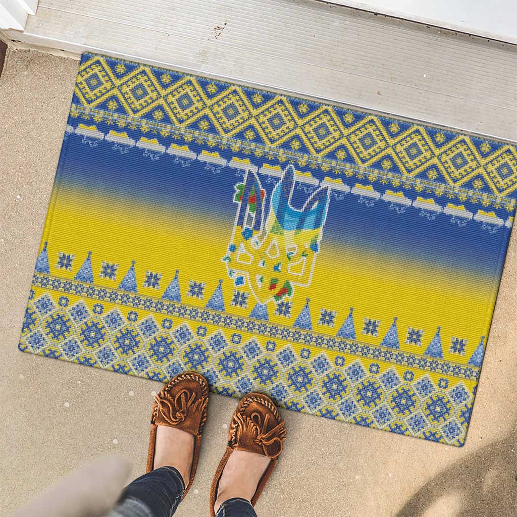Ukraine Merry Christmas Rubber Doormat Ukraine Emblem and Vyshyvanka Knitted Effect - Wonder Print Shop