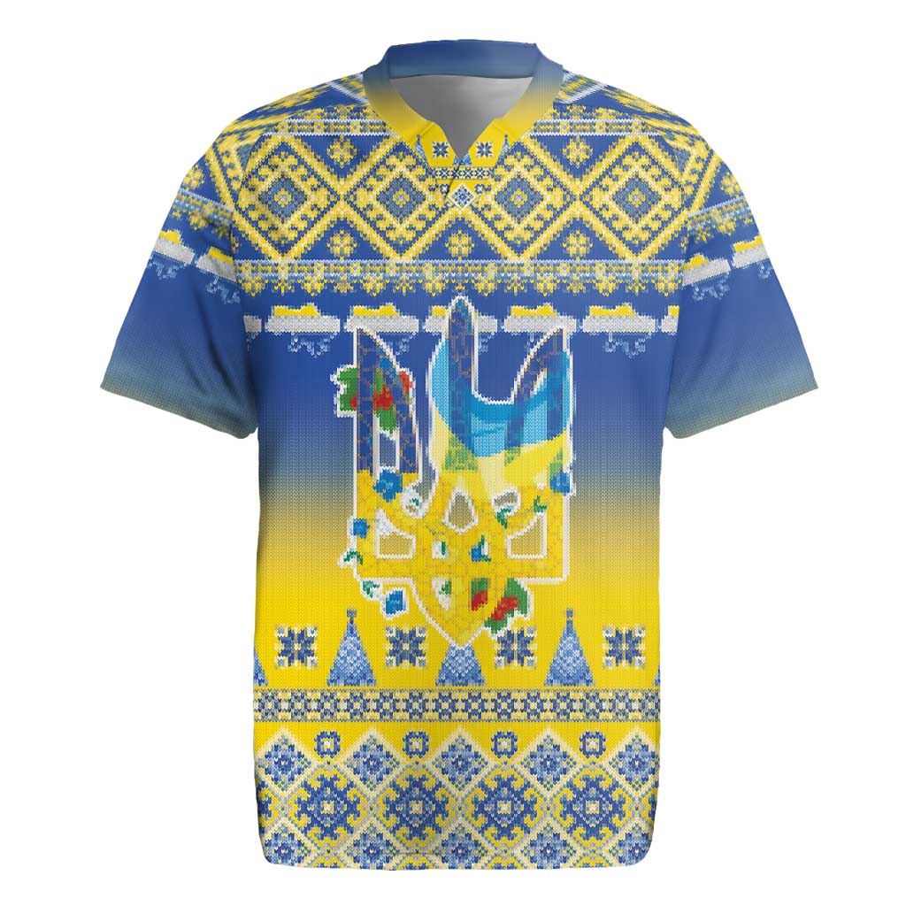 Ukraine Merry Christmas Rugby Jersey Ukraine Emblem and Vyshyvanka Knitted Effect - Wonder Print Shop