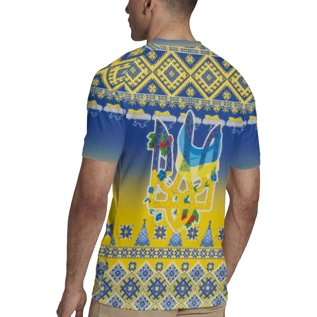 Ukraine Merry Christmas Rugby Jersey Ukraine Emblem and Vyshyvanka Knitted Effect - Wonder Print Shop
