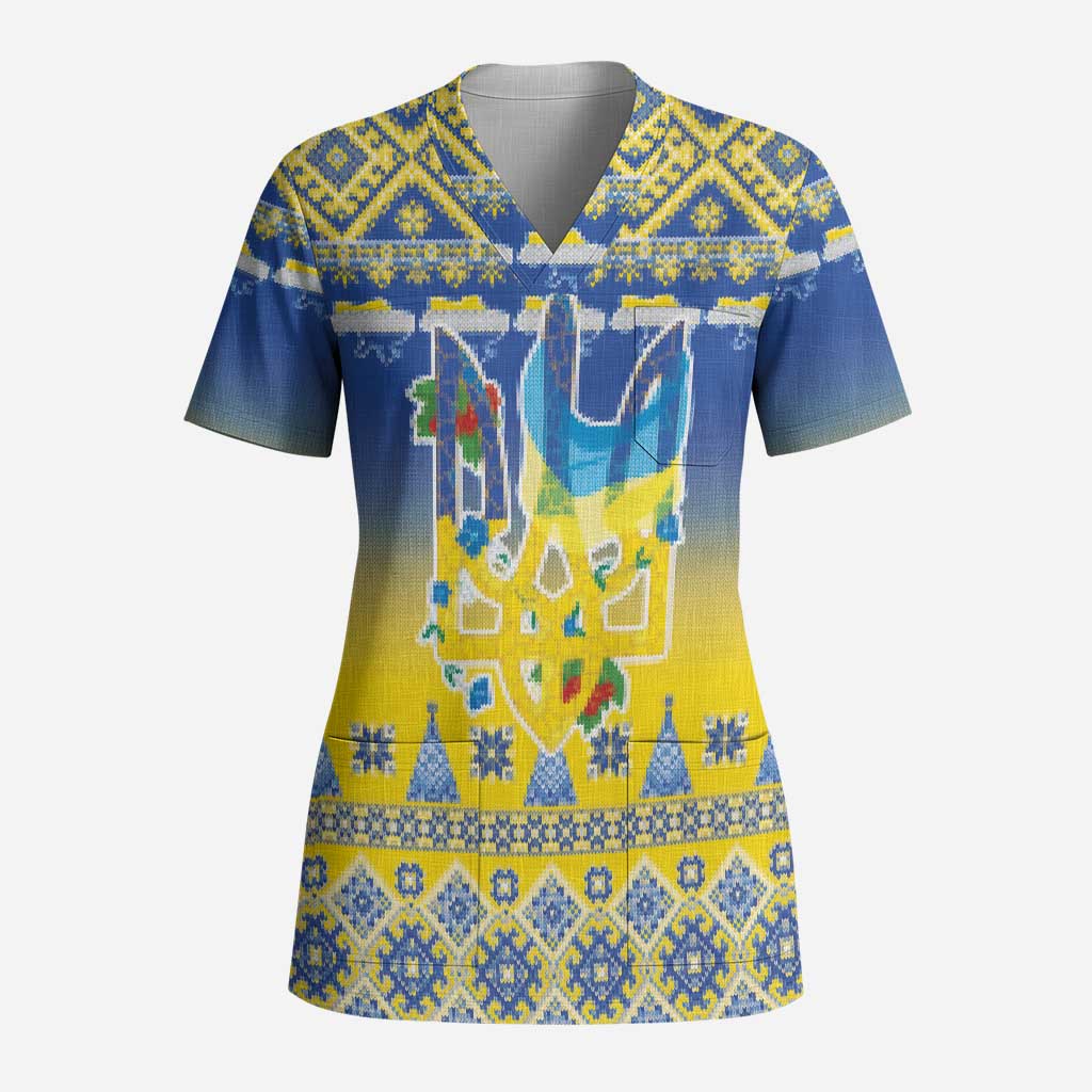 Ukraine Merry Christmas Scrub Top Ukraine Emblem and Vyshyvanka Knitted Effect - Wonder Print Shop