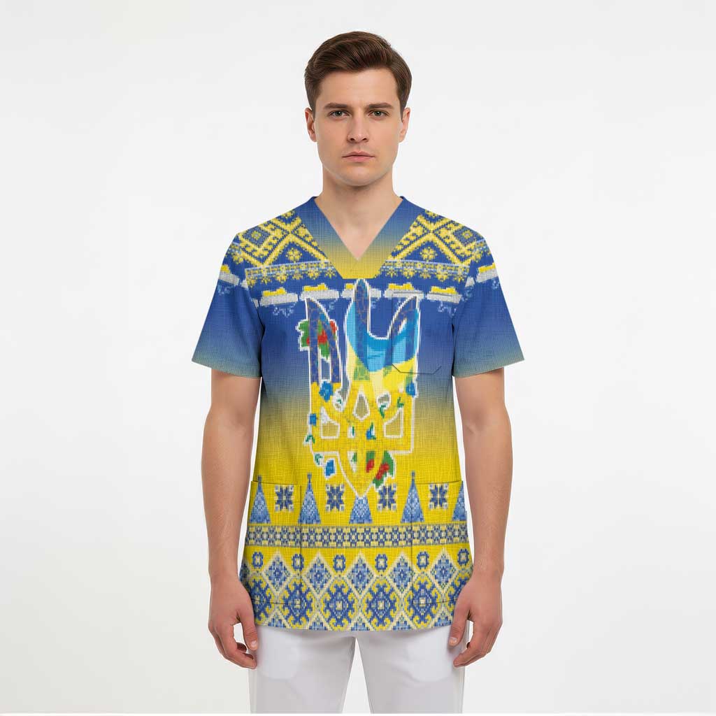 Ukraine Merry Christmas Scrub Top Ukraine Emblem and Vyshyvanka Knitted Effect - Wonder Print Shop