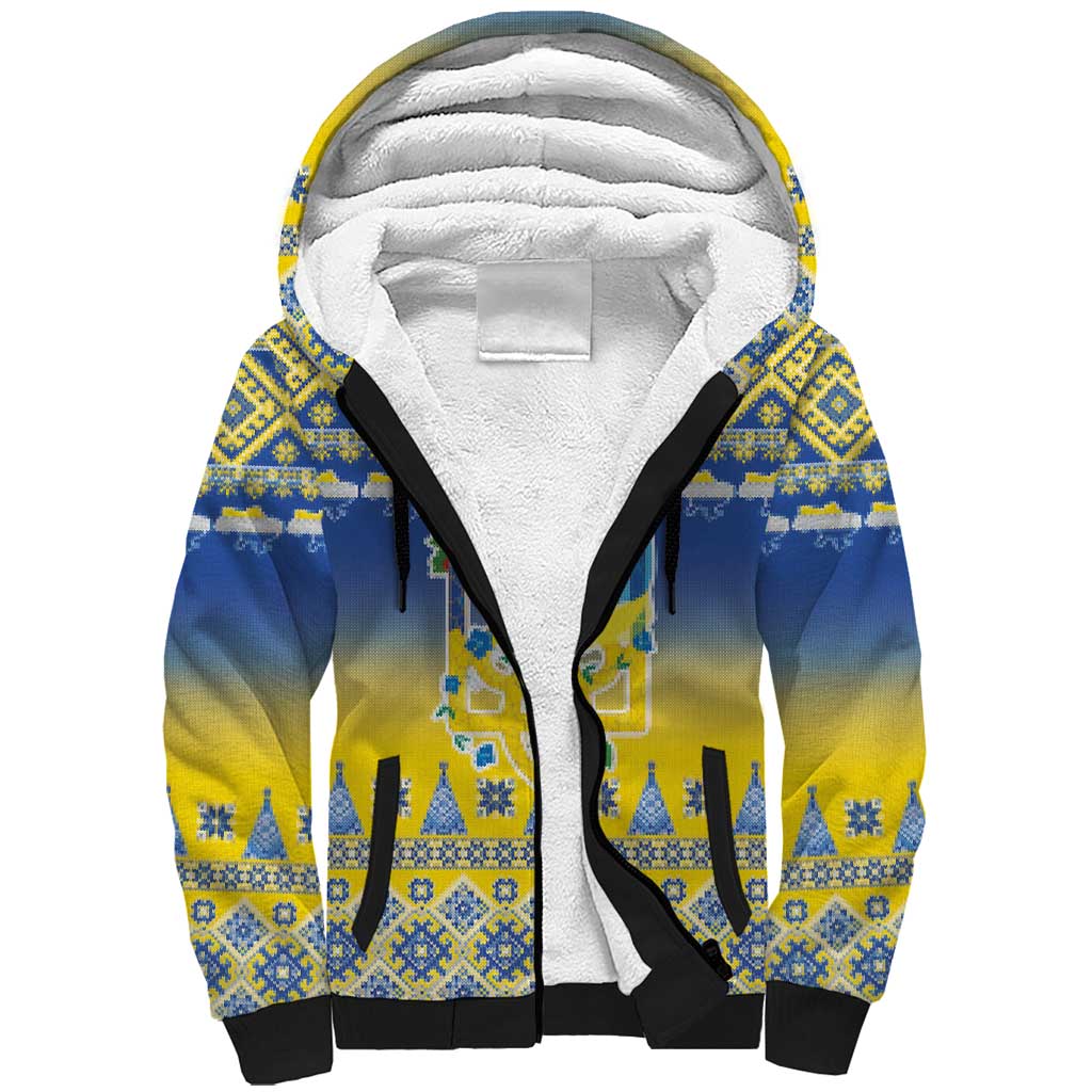 Ukraine Merry Christmas Sherpa Hoodie Ukraine Emblem and Vyshyvanka Knitted Effect - Wonder Print Shop