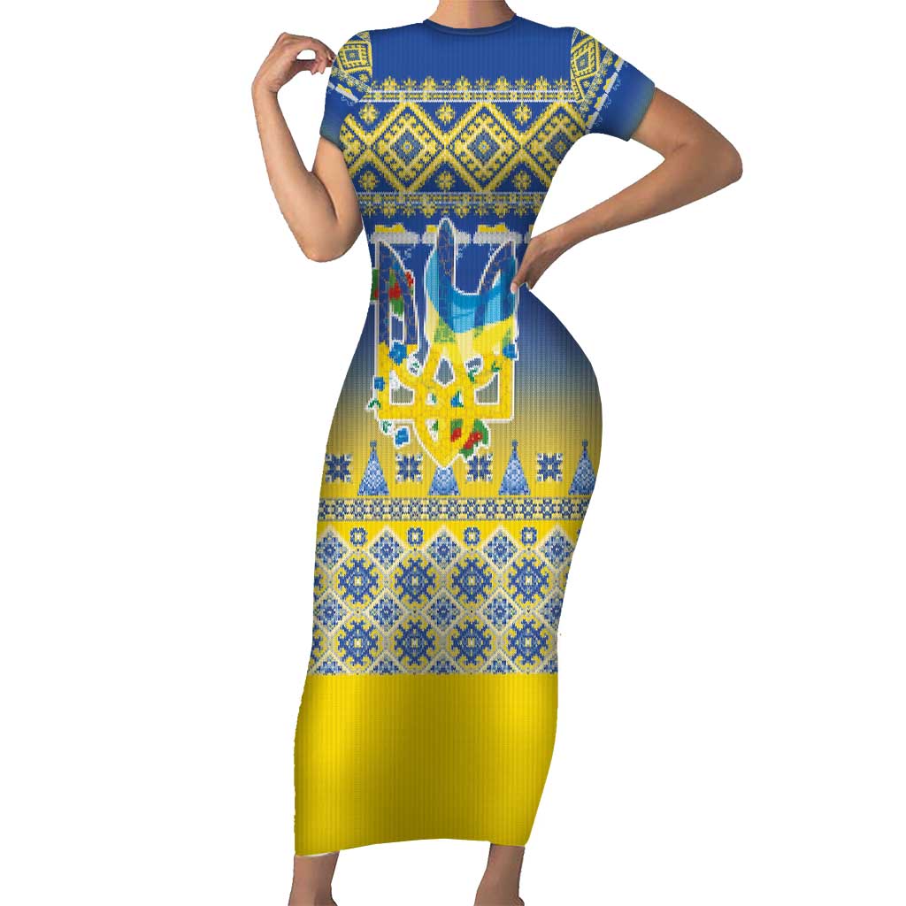 Ukraine Merry Christmas Short Sleeve Bodycon Dress Ukraine Emblem and Vyshyvanka Knitted Effect - Wonder Print Shop