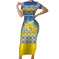 Ukraine Merry Christmas Short Sleeve Bodycon Dress Ukraine Emblem and Vyshyvanka Knitted Effect - Wonder Print Shop