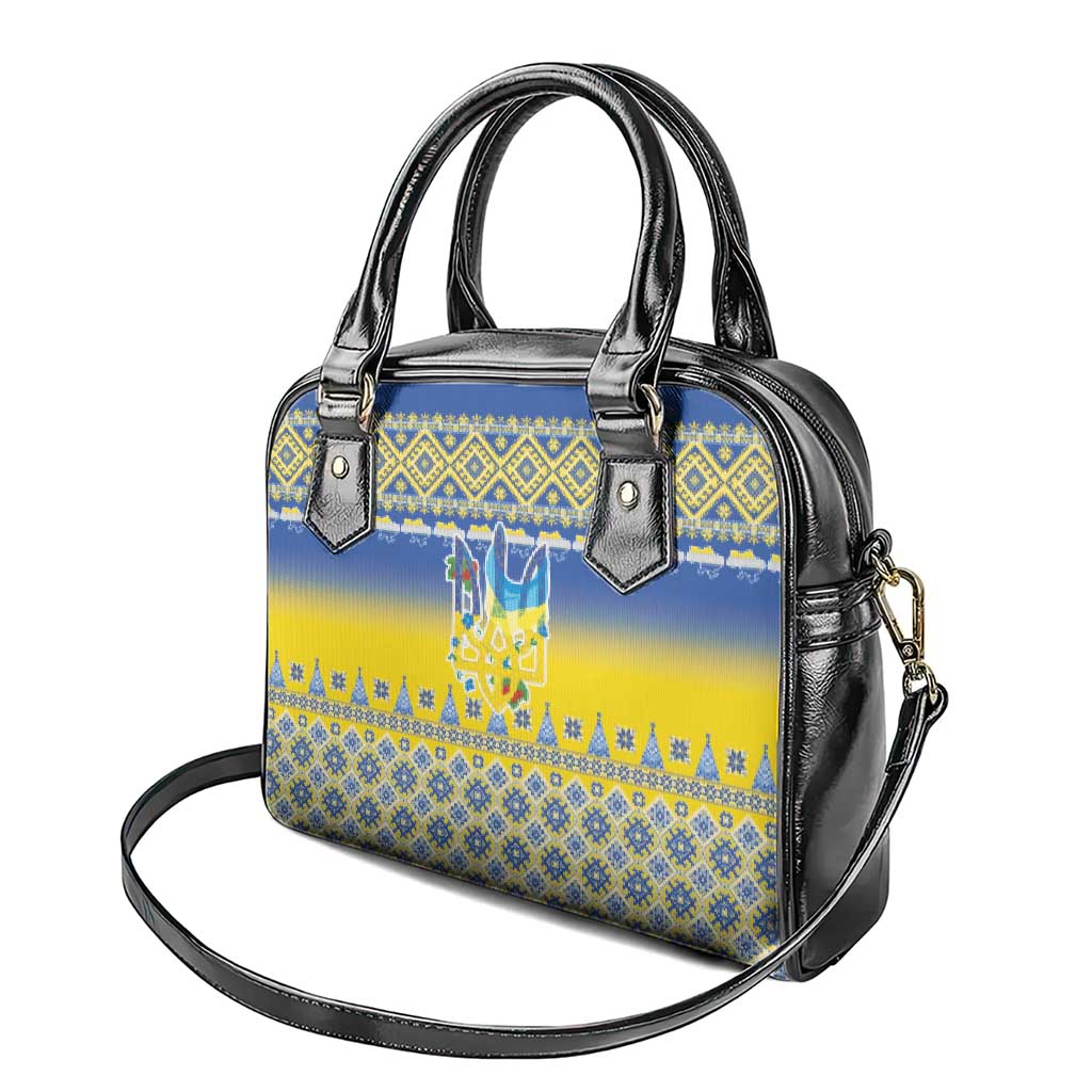 Ukraine Merry Christmas Shoulder Handbag Ukraine Emblem and Vyshyvanka Knitted Effect - Wonder Print Shop