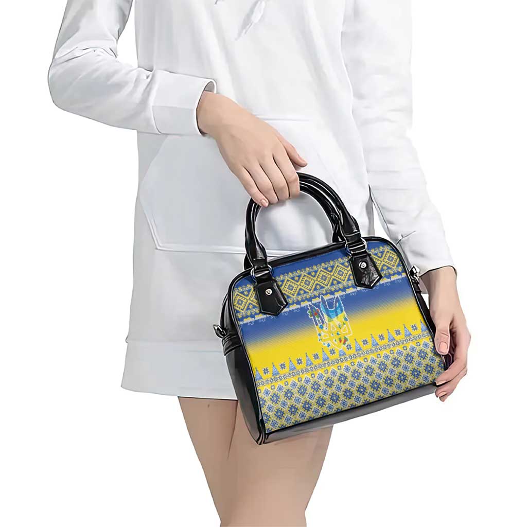 Ukraine Merry Christmas Shoulder Handbag Ukraine Emblem and Vyshyvanka Knitted Effect - Wonder Print Shop