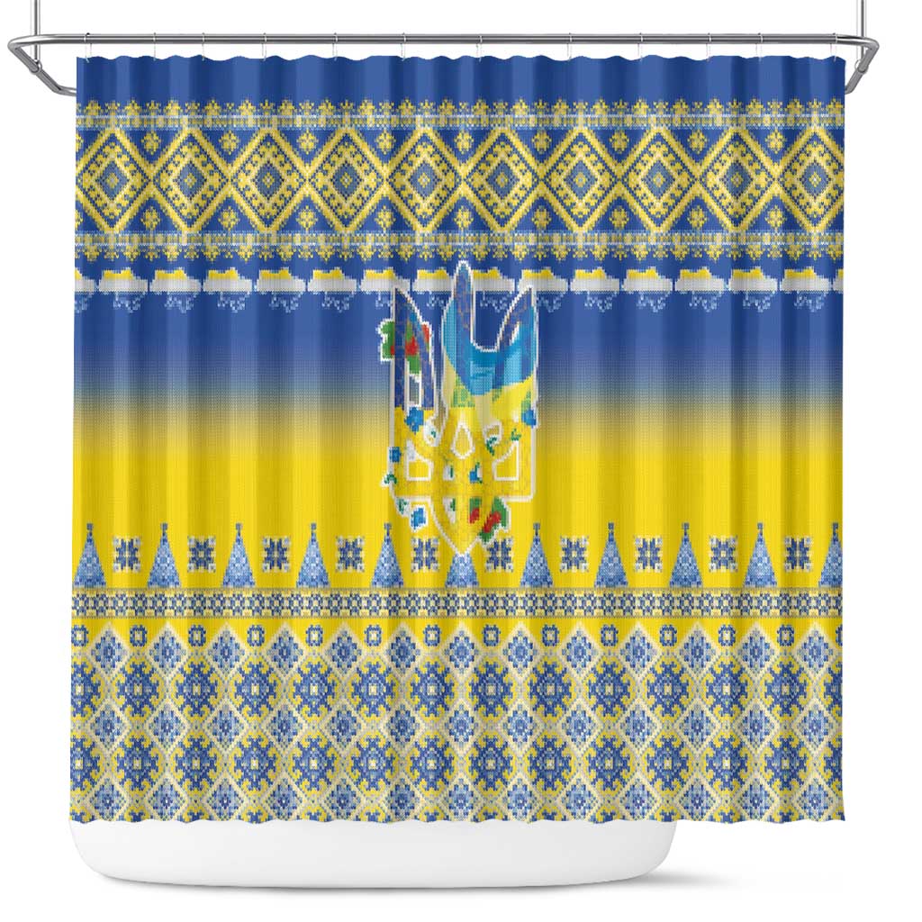 Ukraine Merry Christmas Shower Curtain Ukraine Emblem and Vyshyvanka Knitted Effect - Wonder Print Shop