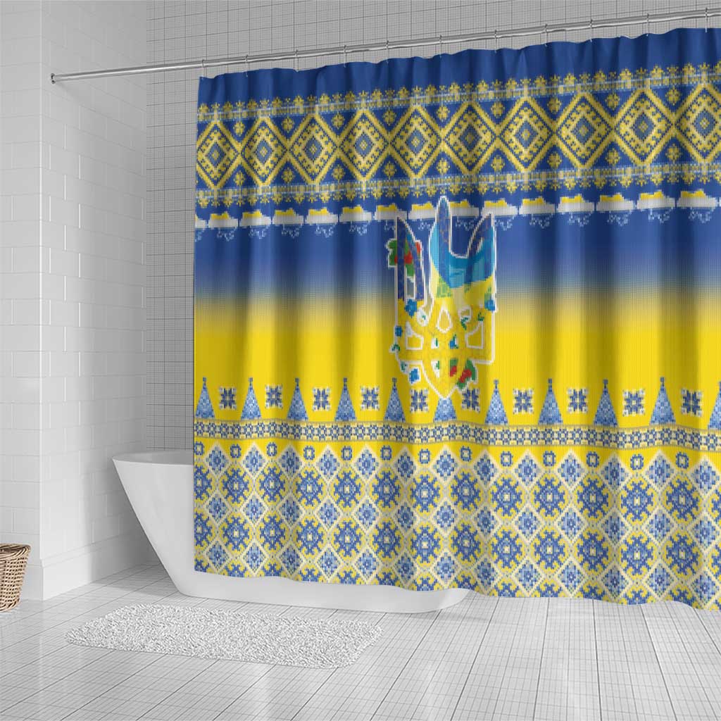 Ukraine Merry Christmas Shower Curtain Ukraine Emblem and Vyshyvanka Knitted Effect - Wonder Print Shop