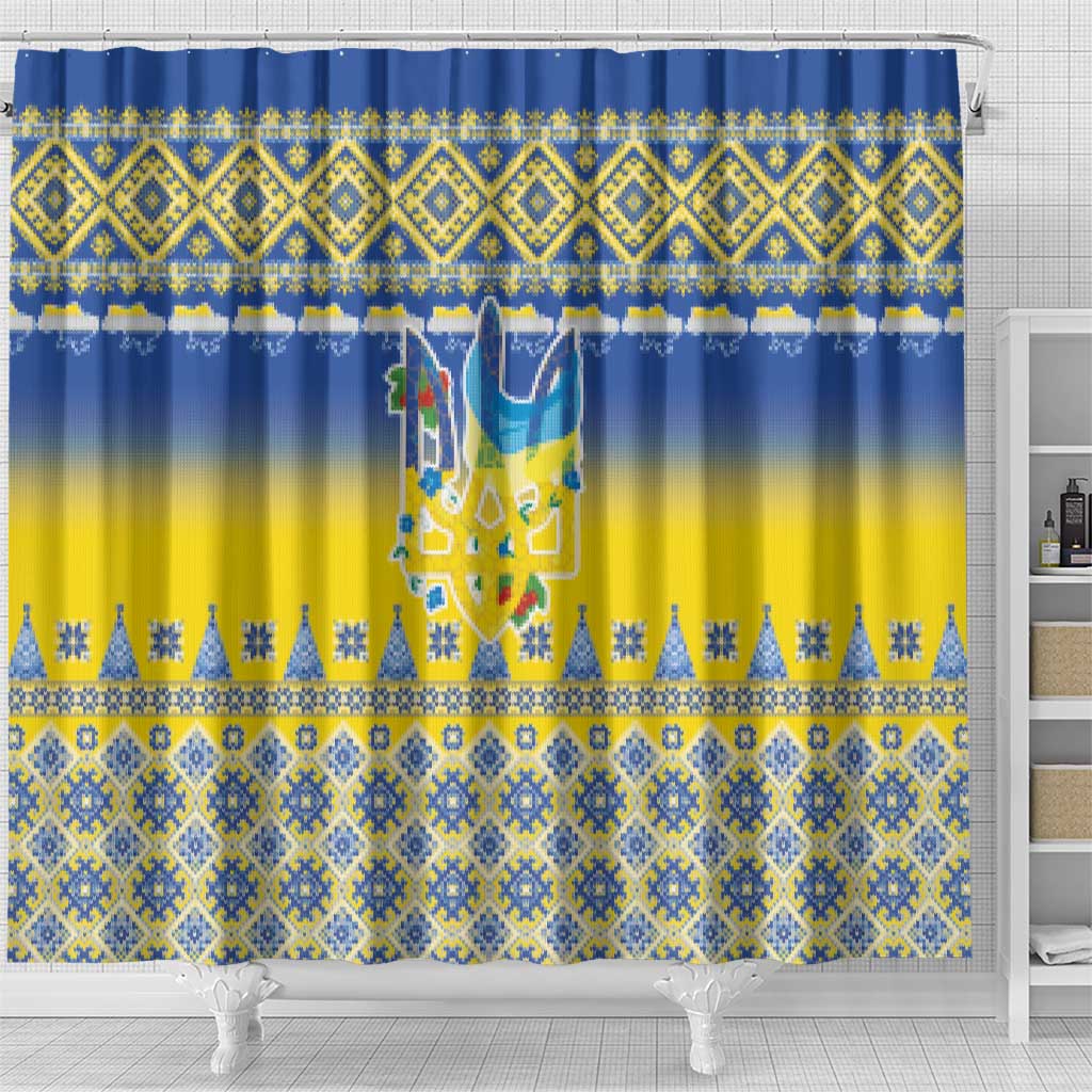 Ukraine Merry Christmas Shower Curtain Ukraine Emblem and Vyshyvanka Knitted Effect - Wonder Print Shop