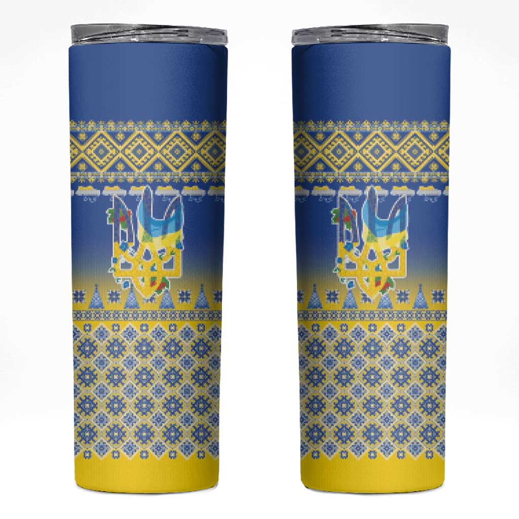 Ukraine Merry Christmas Skinny Tumbler Ukraine Emblem and Vyshyvanka Knitted Effect - Wonder Print Shop