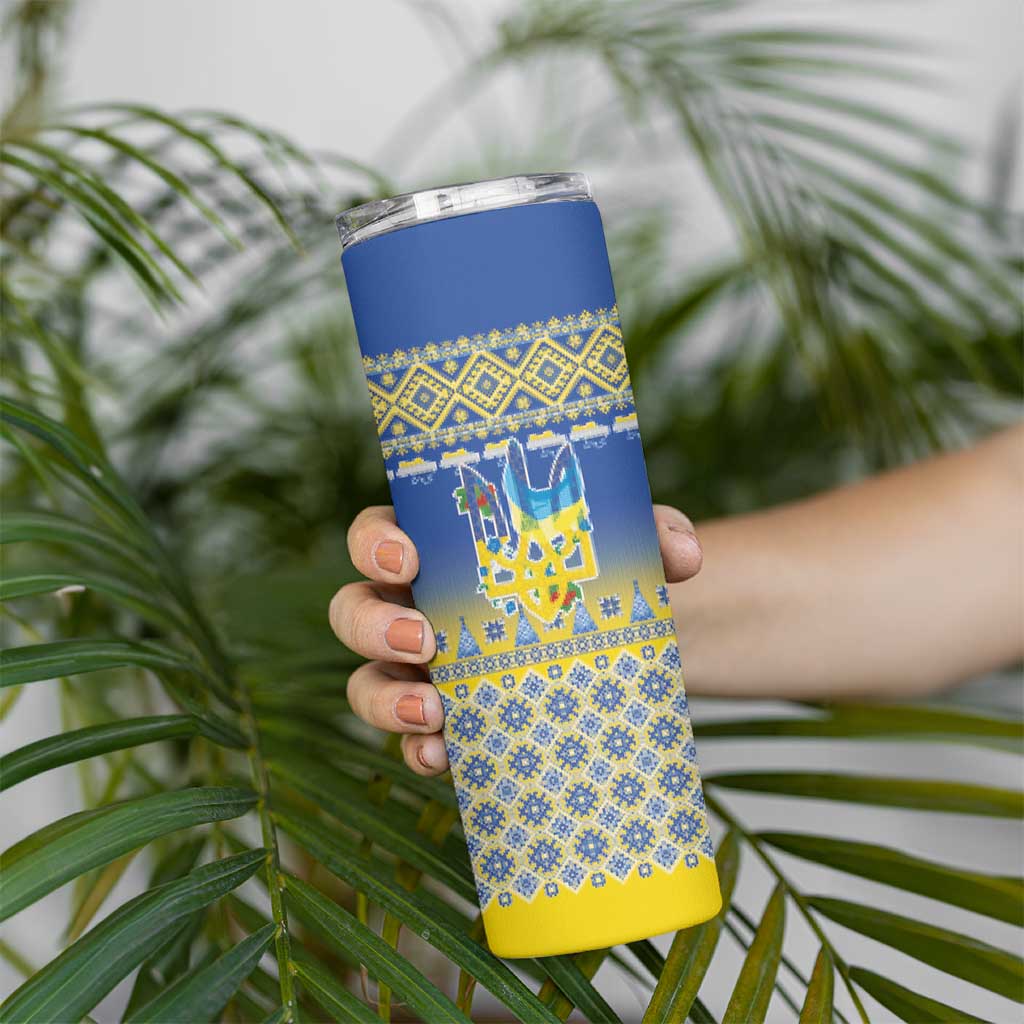Ukraine Merry Christmas Skinny Tumbler Ukraine Emblem and Vyshyvanka Knitted Effect - Wonder Print Shop