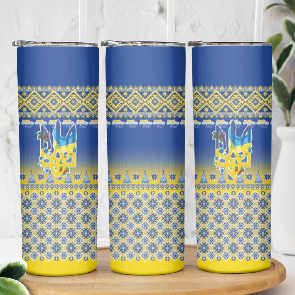 Ukraine Merry Christmas Skinny Tumbler Ukraine Emblem and Vyshyvanka Knitted Effect - Wonder Print Shop