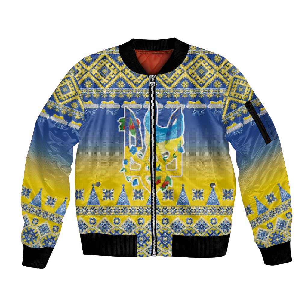 Ukraine Merry Christmas Sleeve Zip Bomber Jacket Ukraine Emblem and Vyshyvanka Knitted Effect - Wonder Print Shop