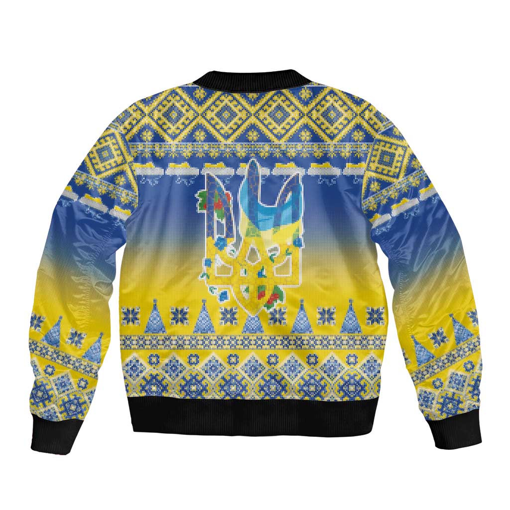 Ukraine Merry Christmas Sleeve Zip Bomber Jacket Ukraine Emblem and Vyshyvanka Knitted Effect - Wonder Print Shop