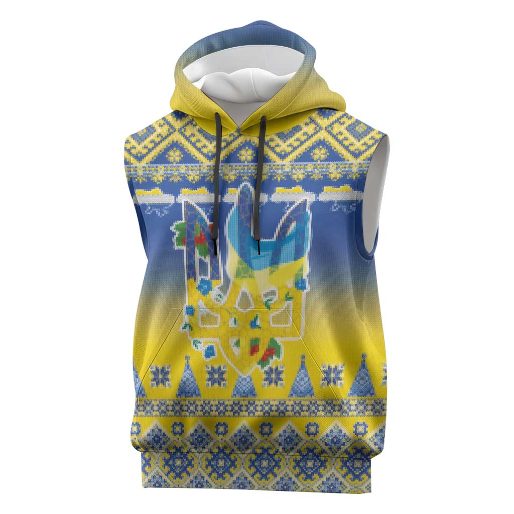 Ukraine Merry Christmas Sleeveless Hoodie Ukraine Emblem and Vyshyvanka Knitted Effect - Wonder Print Shop
