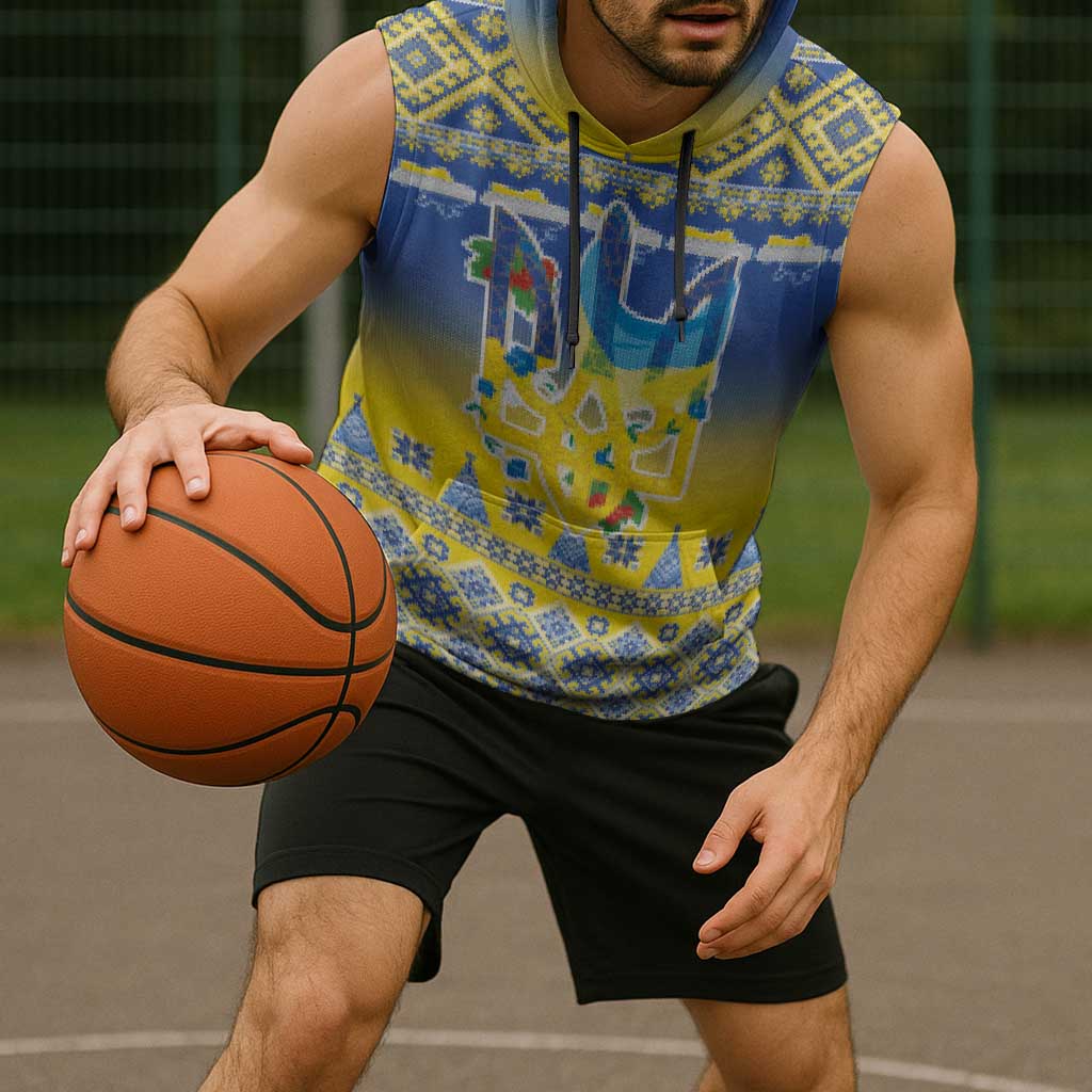 Ukraine Merry Christmas Sleeveless Hoodie Ukraine Emblem and Vyshyvanka Knitted Effect - Wonder Print Shop