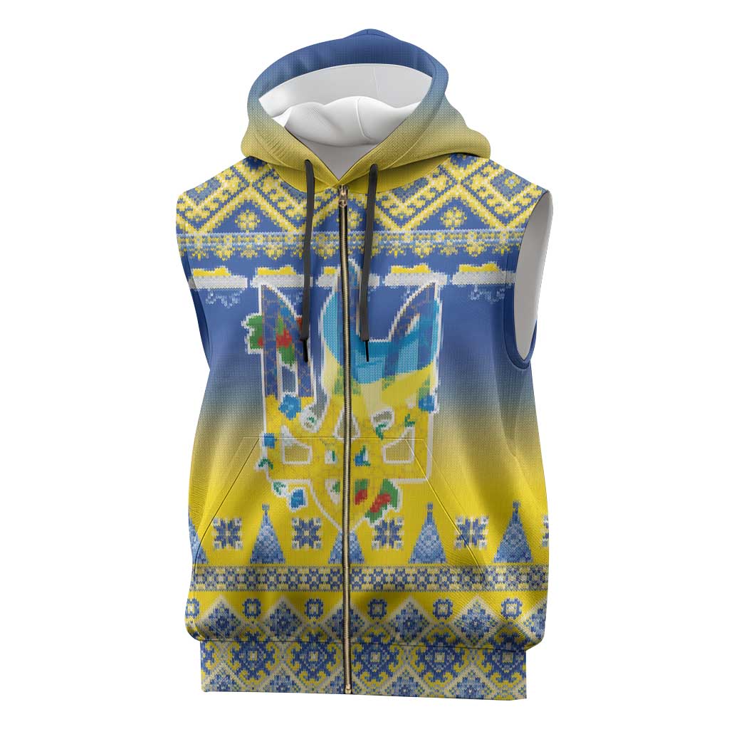 Ukraine Merry Christmas Sleeveless Zip Hoodie Ukraine Emblem and Vyshyvanka Knitted Effect - Wonder Print Shop