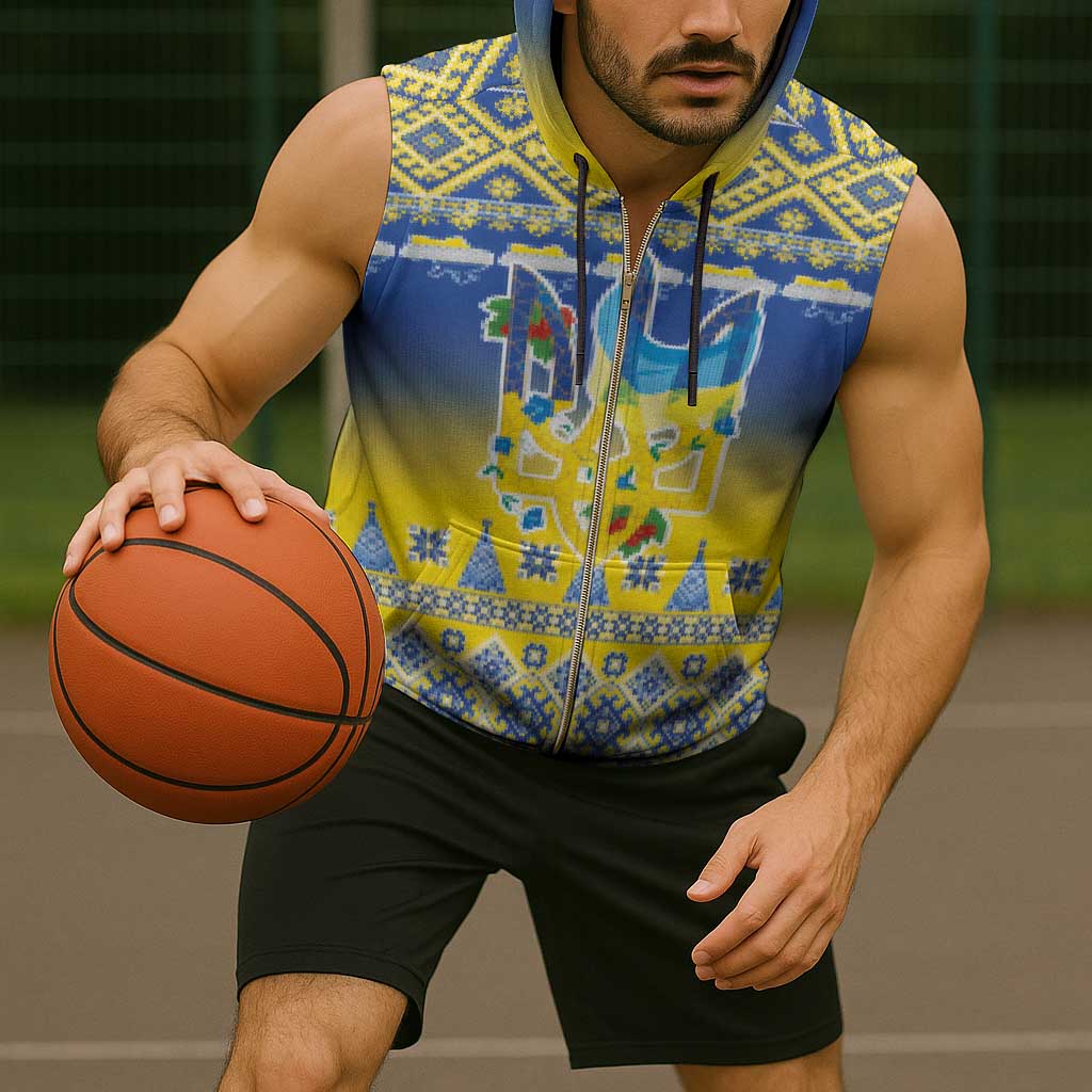 Ukraine Merry Christmas Sleeveless Zip Hoodie Ukraine Emblem and Vyshyvanka Knitted Effect - Wonder Print Shop