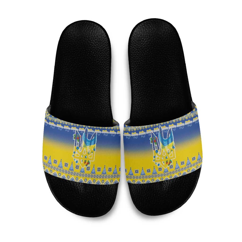 Ukraine Merry Christmas Slide Sandals Ukraine Emblem and Vyshyvanka Knitted Effect - Wonder Print Shop