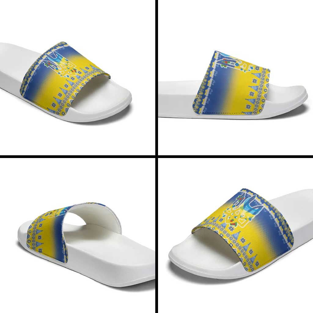 Ukraine Merry Christmas Slide Sandals Ukraine Emblem and Vyshyvanka Knitted Effect - Wonder Print Shop