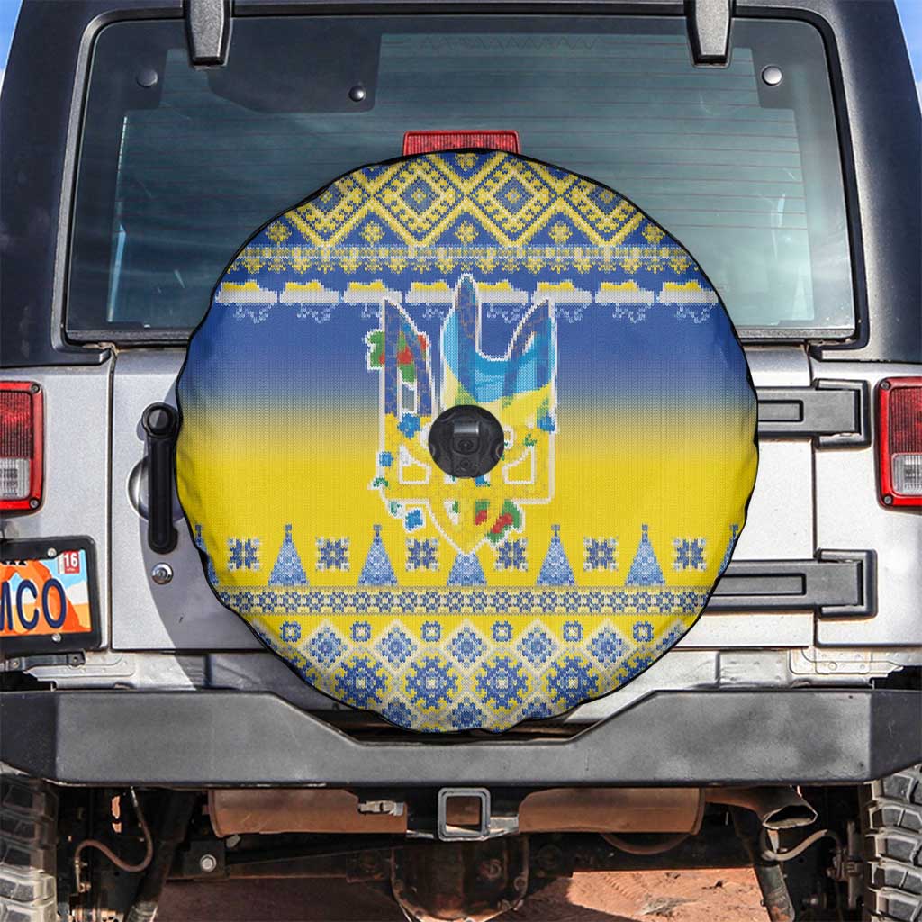 Ukraine Merry Christmas Spare Tire Cover Ukraine Emblem and Vyshyvanka Knitted Effect - Wonder Print Shop
