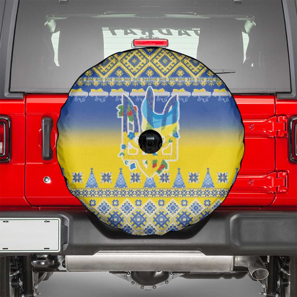 Ukraine Merry Christmas Spare Tire Cover Ukraine Emblem and Vyshyvanka Knitted Effect - Wonder Print Shop