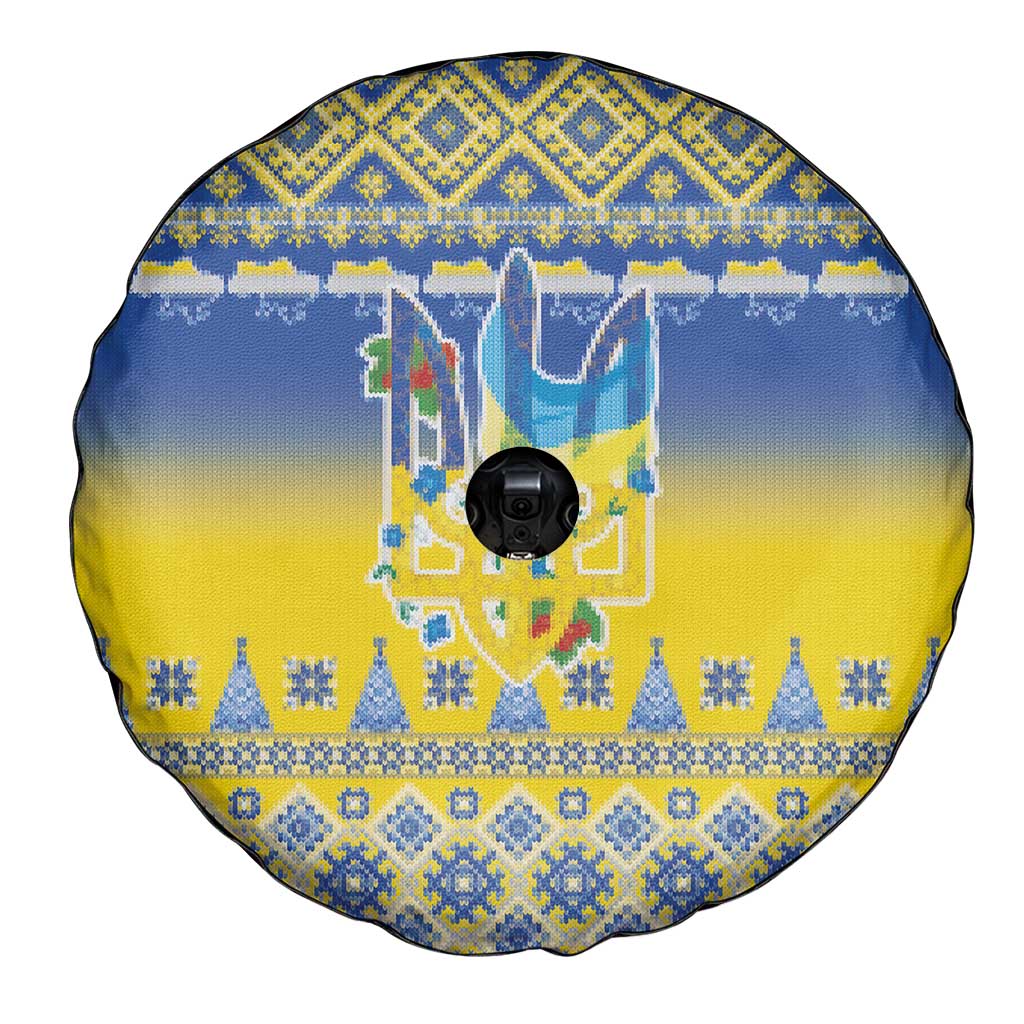 Ukraine Merry Christmas Spare Tire Cover Ukraine Emblem and Vyshyvanka Knitted Effect - Wonder Print Shop