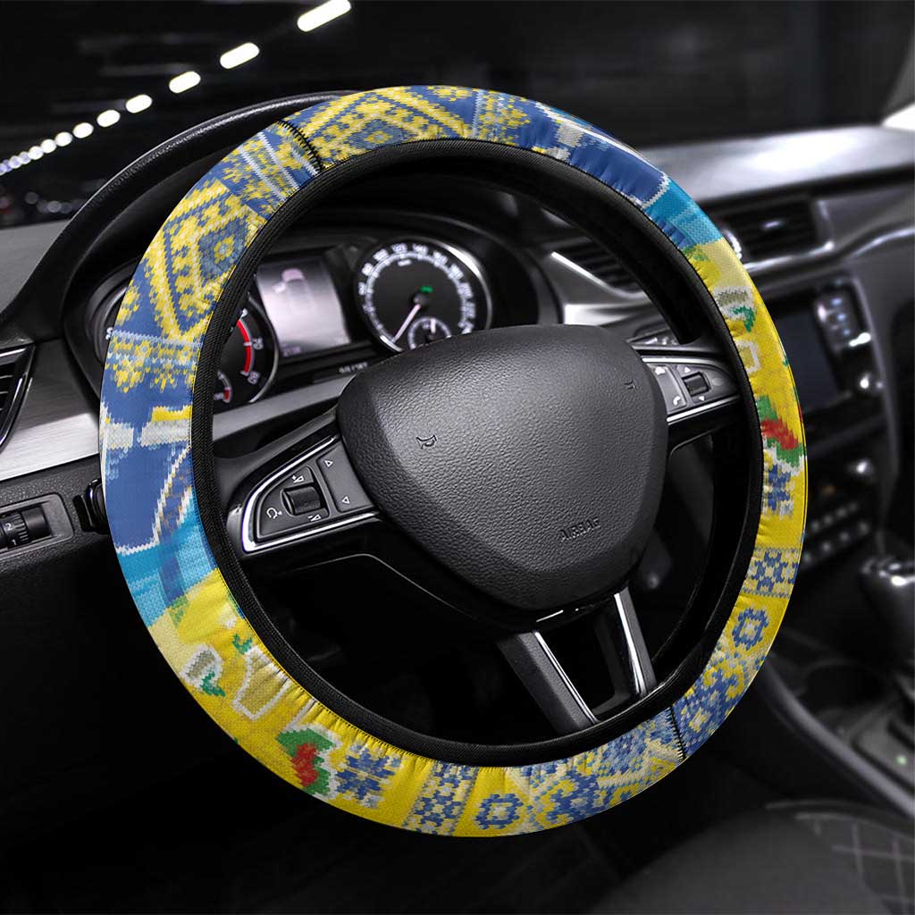 Ukraine Merry Christmas Steering Wheel Cover Ukraine Emblem and Vyshyvanka Knitted Effect - Wonder Print Shop
