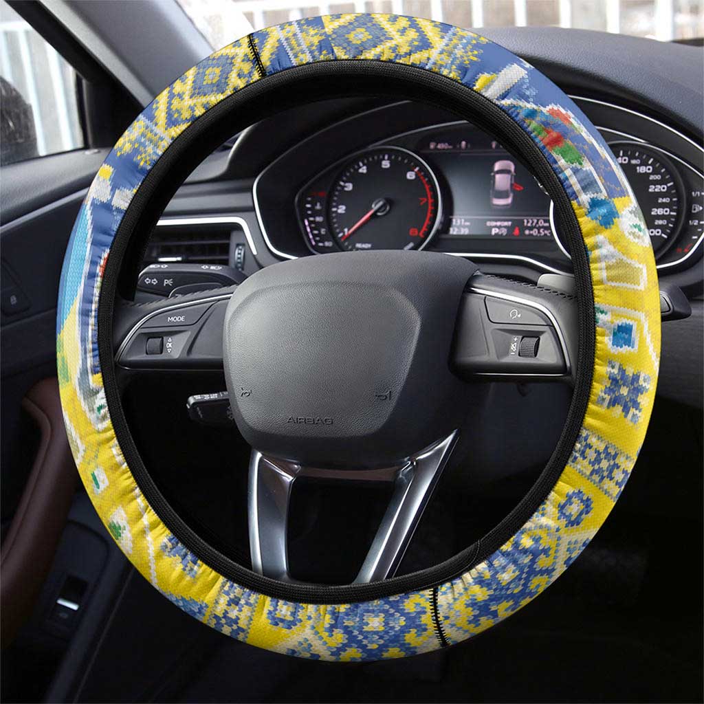 Ukraine Merry Christmas Steering Wheel Cover Ukraine Emblem and Vyshyvanka Knitted Effect - Wonder Print Shop
