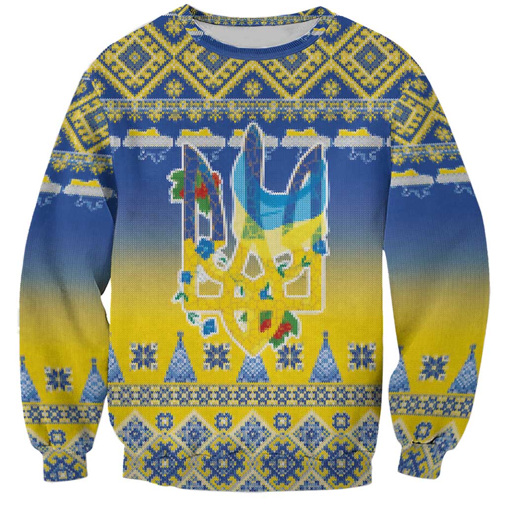 Ukraine Merry Christmas Sweatshirt Ukraine Emblem and Vyshyvanka Knitted Effect - Wonder Print Shop