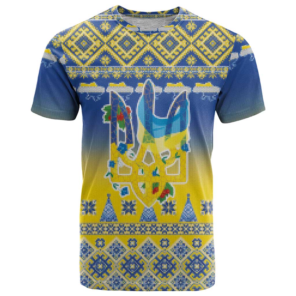 Ukraine Merry Christmas T Shirt Ukraine Emblem and Vyshyvanka Knitted Effect - Wonder Print Shop