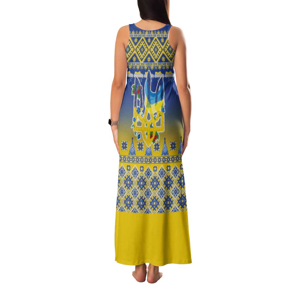 Ukraine Merry Christmas Tank Maxi Dress Ukraine Emblem and Vyshyvanka Knitted Effect - Wonder Print Shop