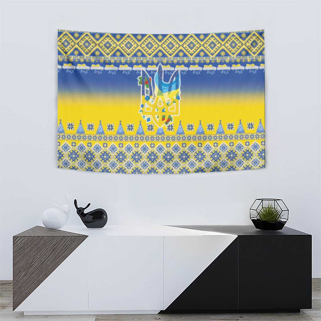 Ukraine Merry Christmas Tapestry Ukraine Emblem and Vyshyvanka Knitted Effect - Wonder Print Shop