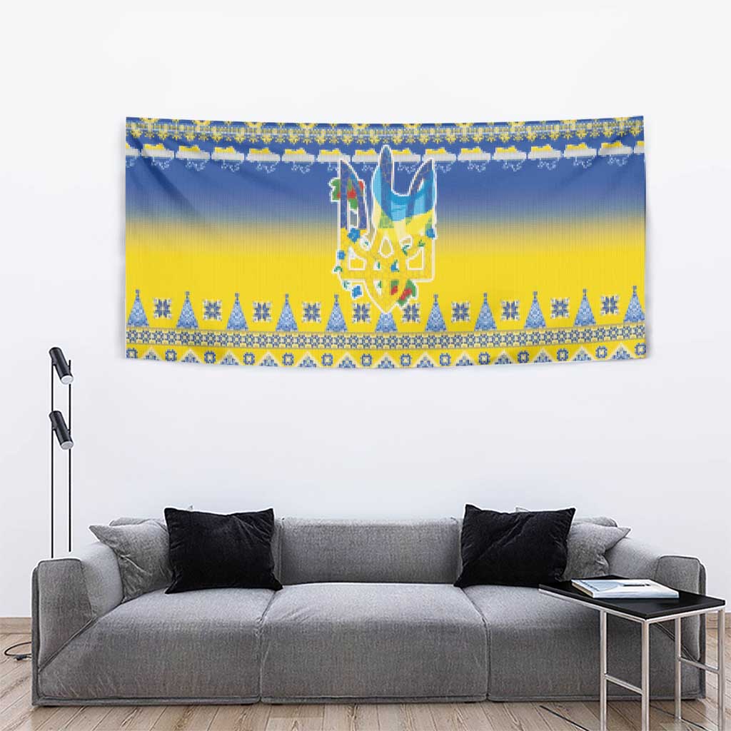 Ukraine Merry Christmas Tapestry Ukraine Emblem and Vyshyvanka Knitted Effect - Wonder Print Shop