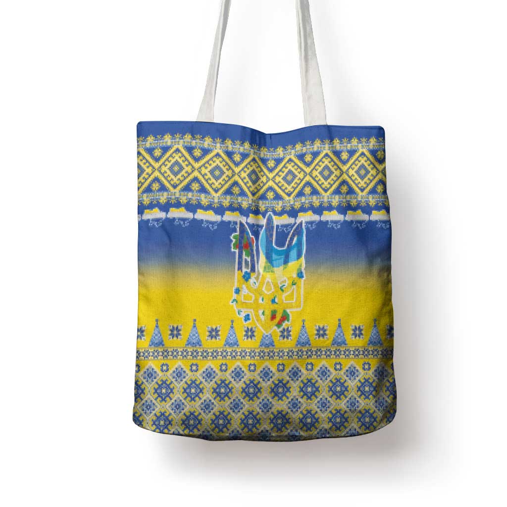 Ukraine Merry Christmas Tote Bag Ukraine Emblem and Vyshyvanka Knitted Effect - Wonder Print Shop