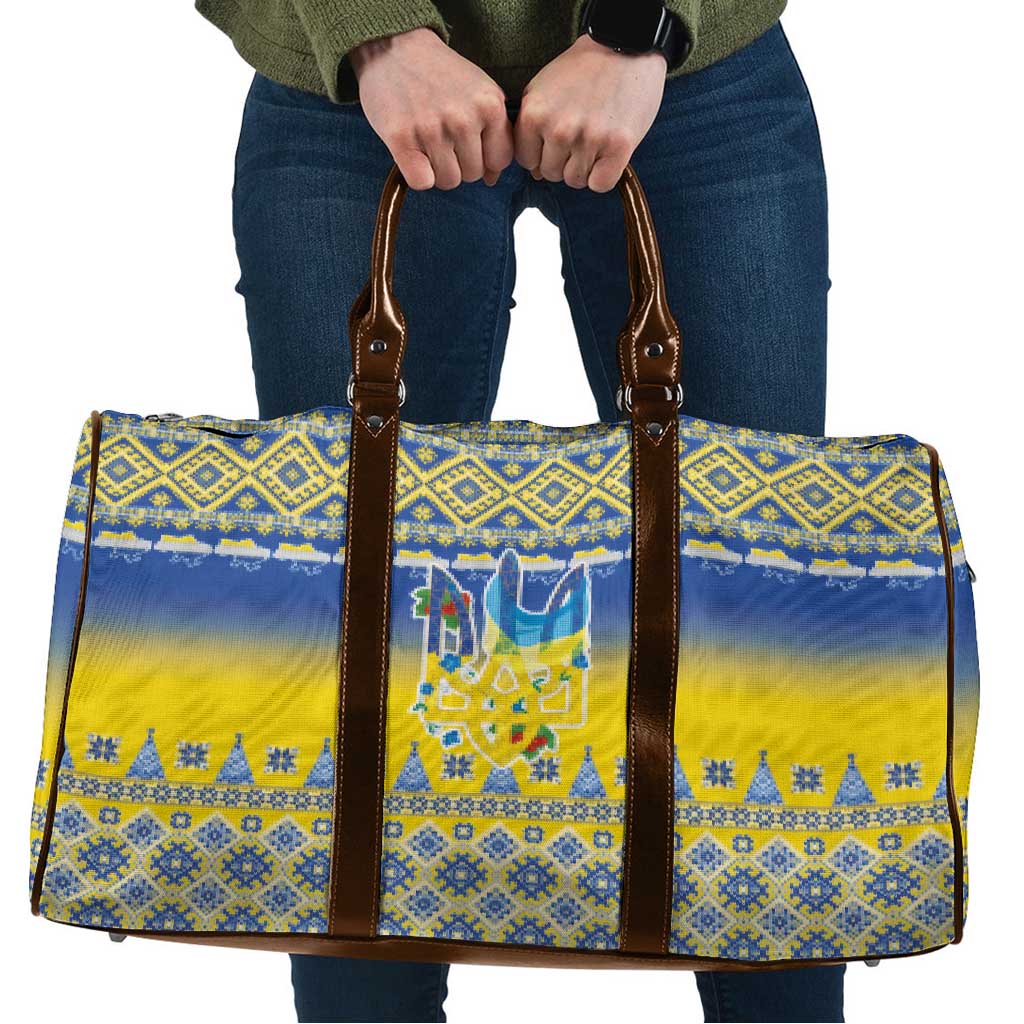Ukraine Merry Christmas Travel Bag Ukraine Emblem and Vyshyvanka Knitted Effect - Wonder Print Shop