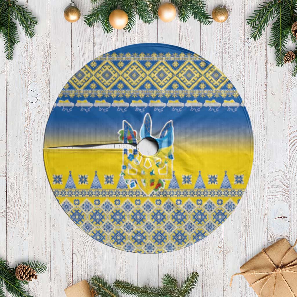Ukraine Merry Christmas Tree Skirt Ukraine Emblem and Vyshyvanka Knitted Effect - Wonder Print Shop