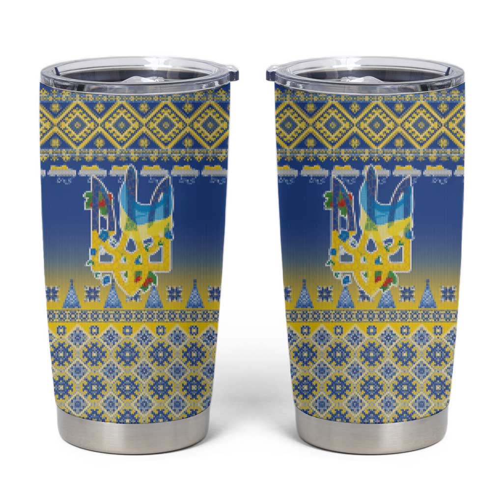 Ukraine Merry Christmas Tumbler Cup Ukraine Emblem and Vyshyvanka Knitted Effect - Wonder Print Shop