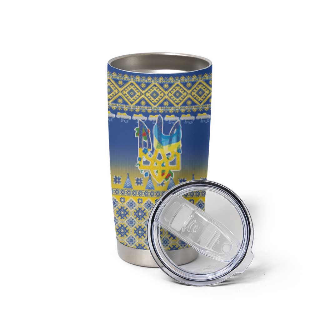 Ukraine Merry Christmas Tumbler Cup Ukraine Emblem and Vyshyvanka Knitted Effect - Wonder Print Shop