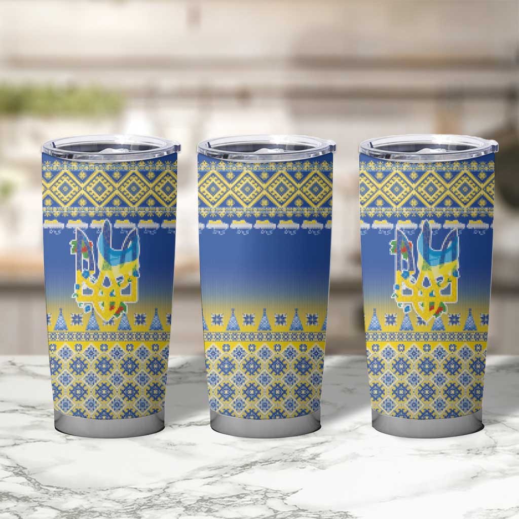 Ukraine Merry Christmas Tumbler Cup Ukraine Emblem and Vyshyvanka Knitted Effect - Wonder Print Shop