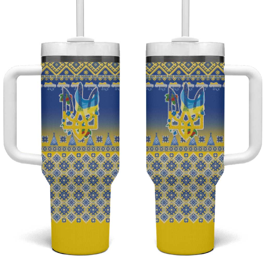 Ukraine Merry Christmas Tumbler With Handle Ukraine Emblem and Vyshyvanka Knitted Effect - Wonder Print Shop