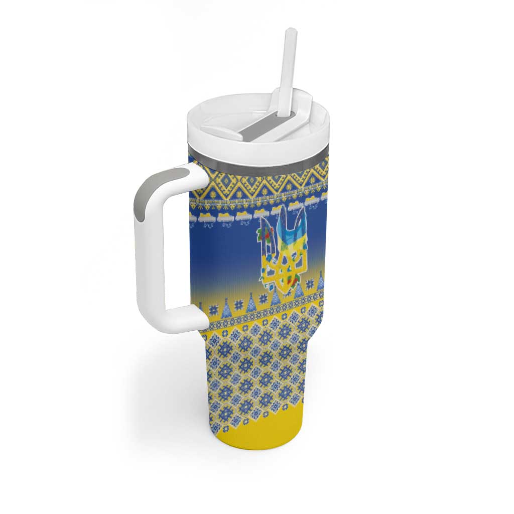 Ukraine Merry Christmas Tumbler With Handle Ukraine Emblem and Vyshyvanka Knitted Effect - Wonder Print Shop