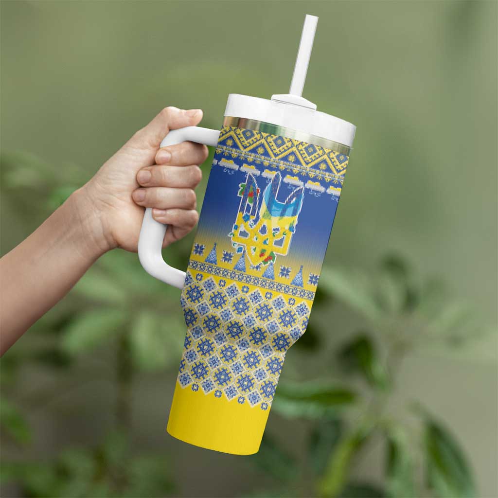 Ukraine Merry Christmas Tumbler With Handle Ukraine Emblem and Vyshyvanka Knitted Effect - Wonder Print Shop