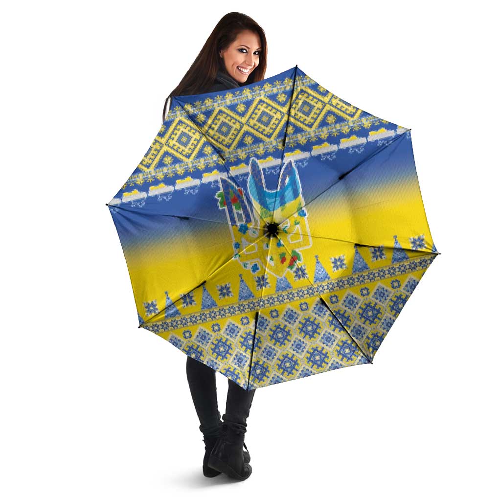 Ukraine Merry Christmas Umbrella Ukraine Emblem and Vyshyvanka Knitted Effect - Wonder Print Shop